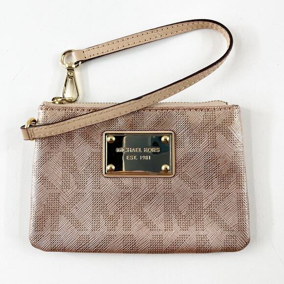 Michael Kors Metallic Leather Wristlet Wallet Rose Gold Pink - Picture 1 of 5